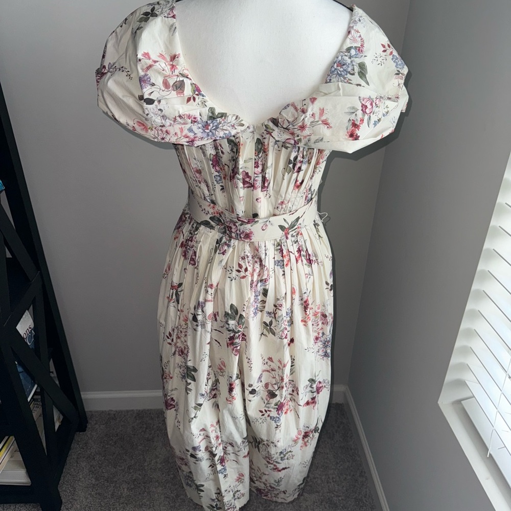 Floral Cream Midi Dress with Puff Sleeve Detail